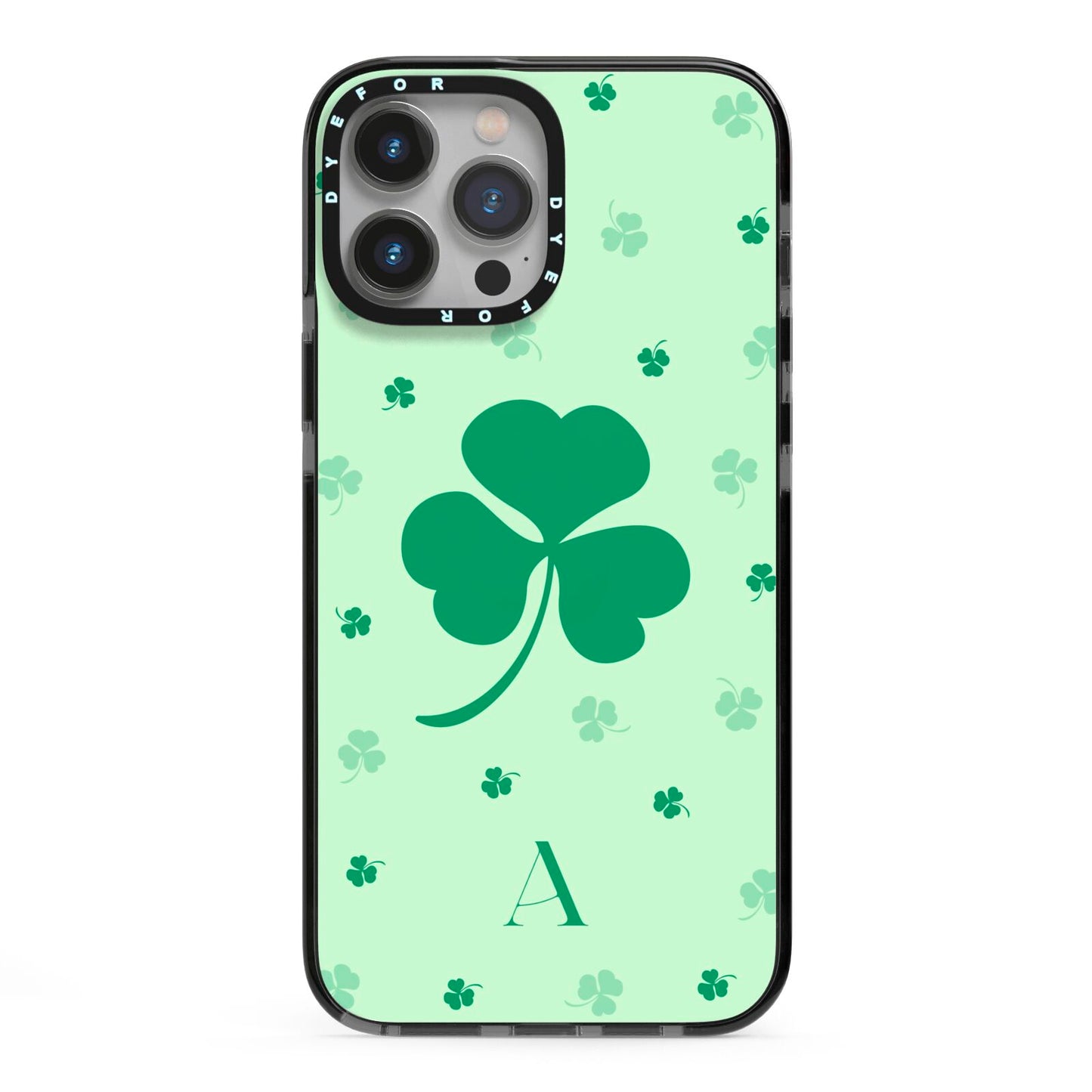 Shamrock Initial Personalised iPhone 13 Pro Max Black Impact Case on Silver phone