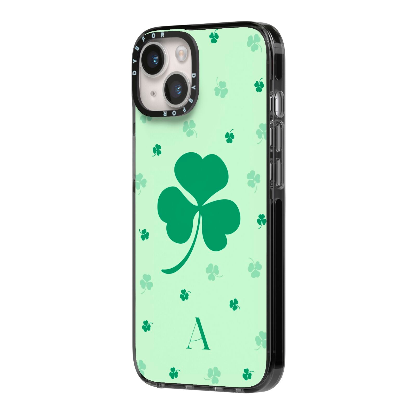 Shamrock Initial Personalised iPhone 14 Black Impact Case Side Angle on Silver phone