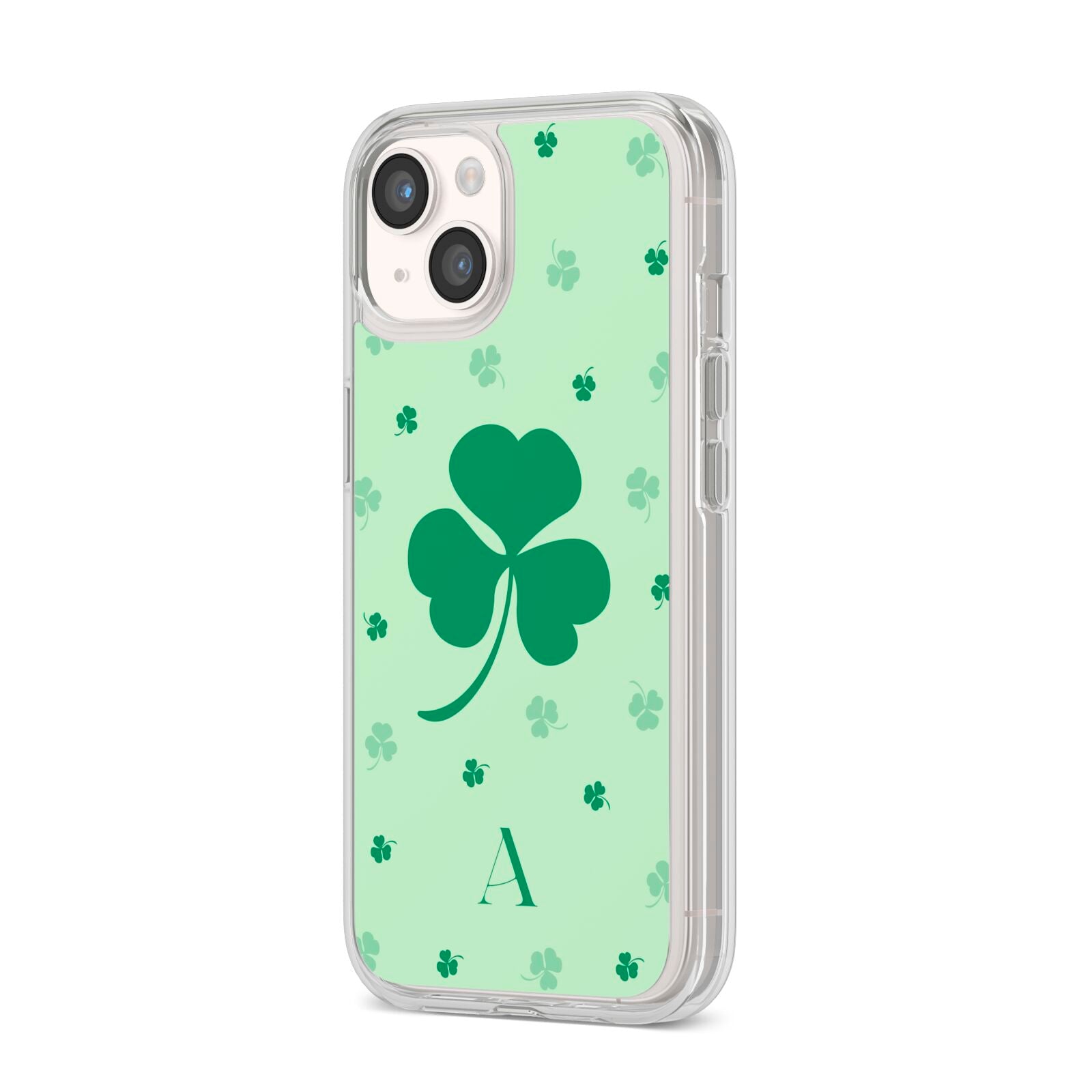 Shamrock Initial Personalised iPhone 14 Clear Tough Case Starlight Angled Image