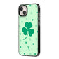 Shamrock Initial Personalised iPhone 14 Plus Black Impact Case Side Angle on Silver phone
