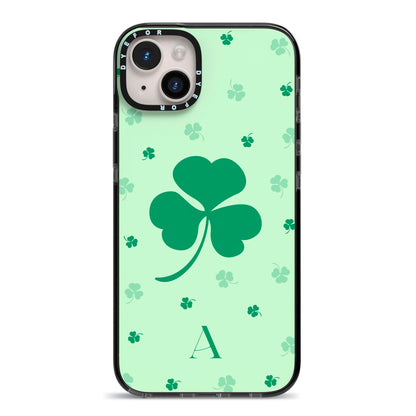 Shamrock Initial Personalised iPhone 14 Plus Black Impact Case on Silver phone