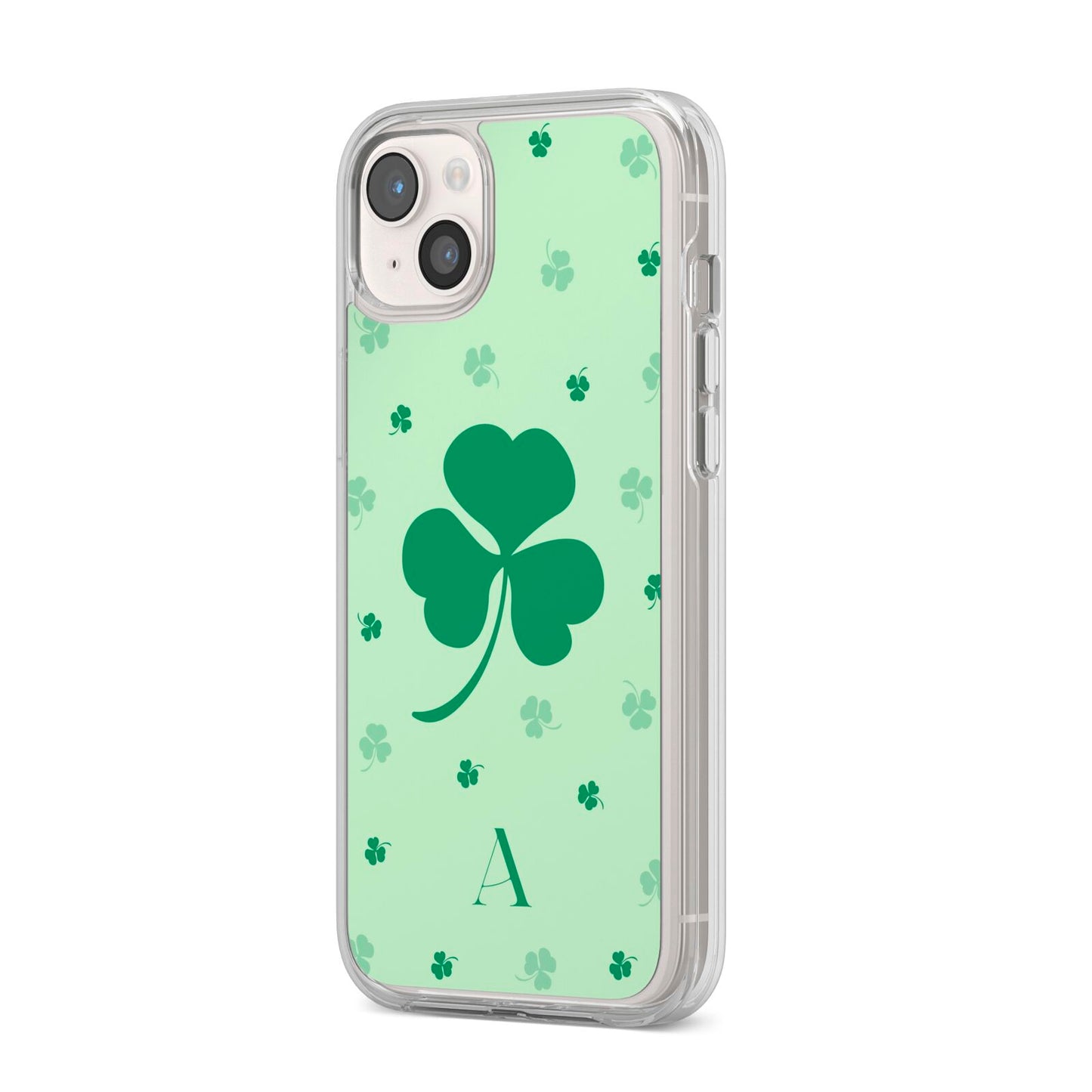 Shamrock Initial Personalised iPhone 14 Plus Clear Tough Case Starlight Angled Image