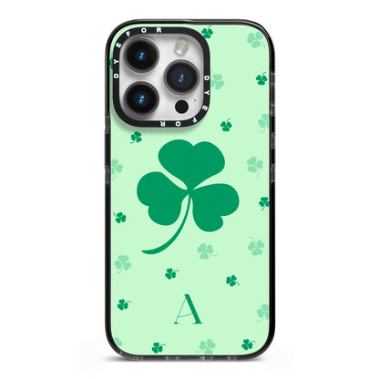 Shamrock Initial Personalised iPhone 14 Pro Black Impact Case on Silver phone