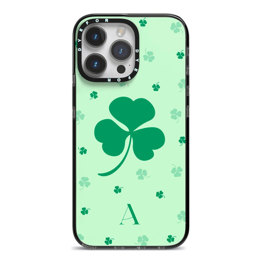 Shamrock Initial Personalised iPhone 14 Pro Max Black Impact Case on Silver phone