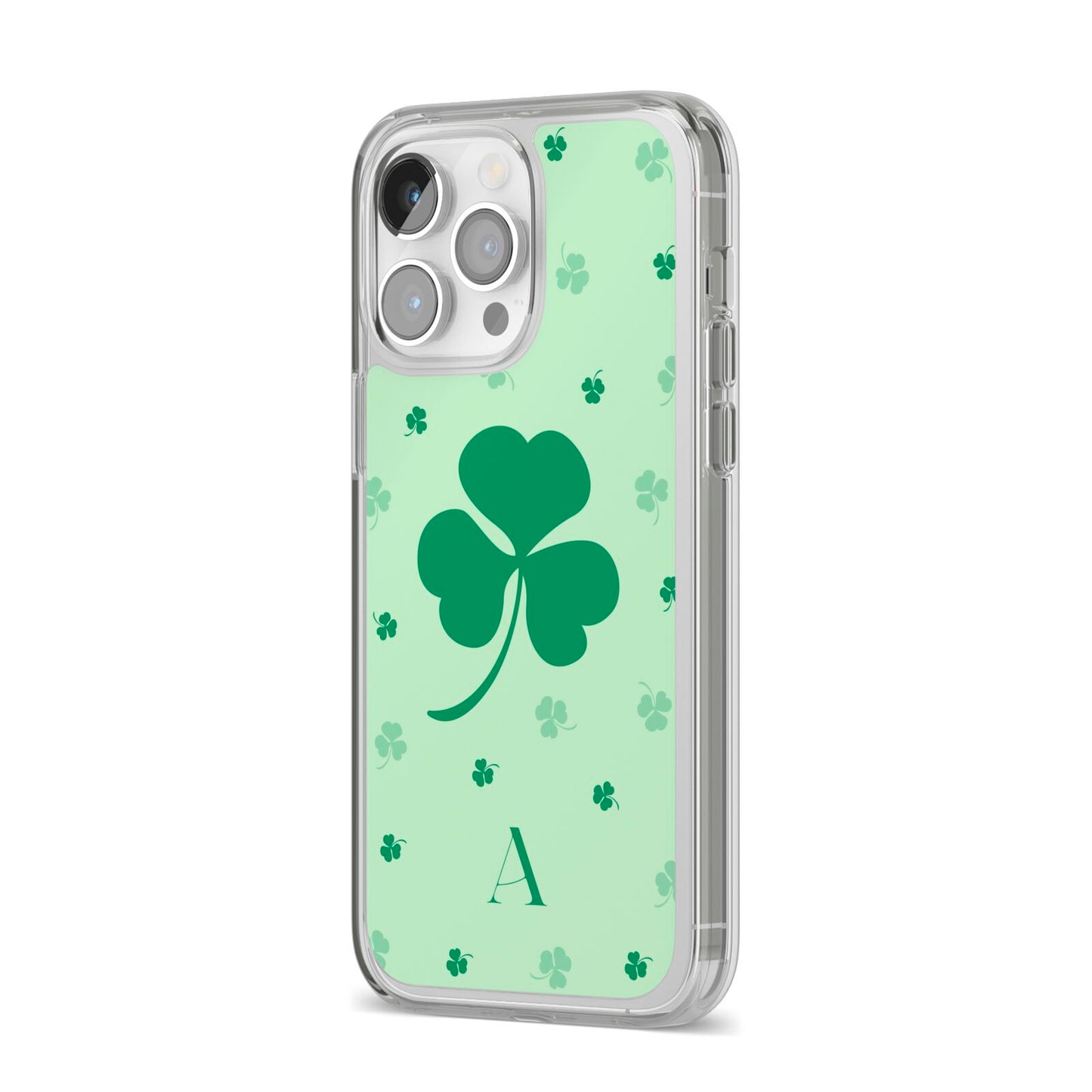 Shamrock Initial Personalised iPhone 14 Pro Max Clear Tough Case Silver Angled Image