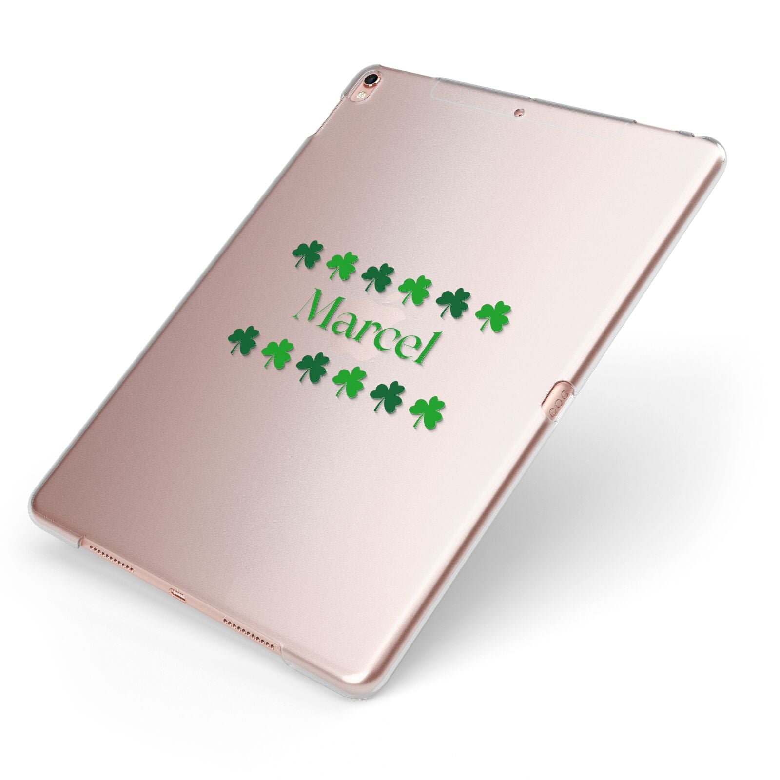 Shamrock Personalised Name Apple iPad Case on Rose Gold iPad Side View