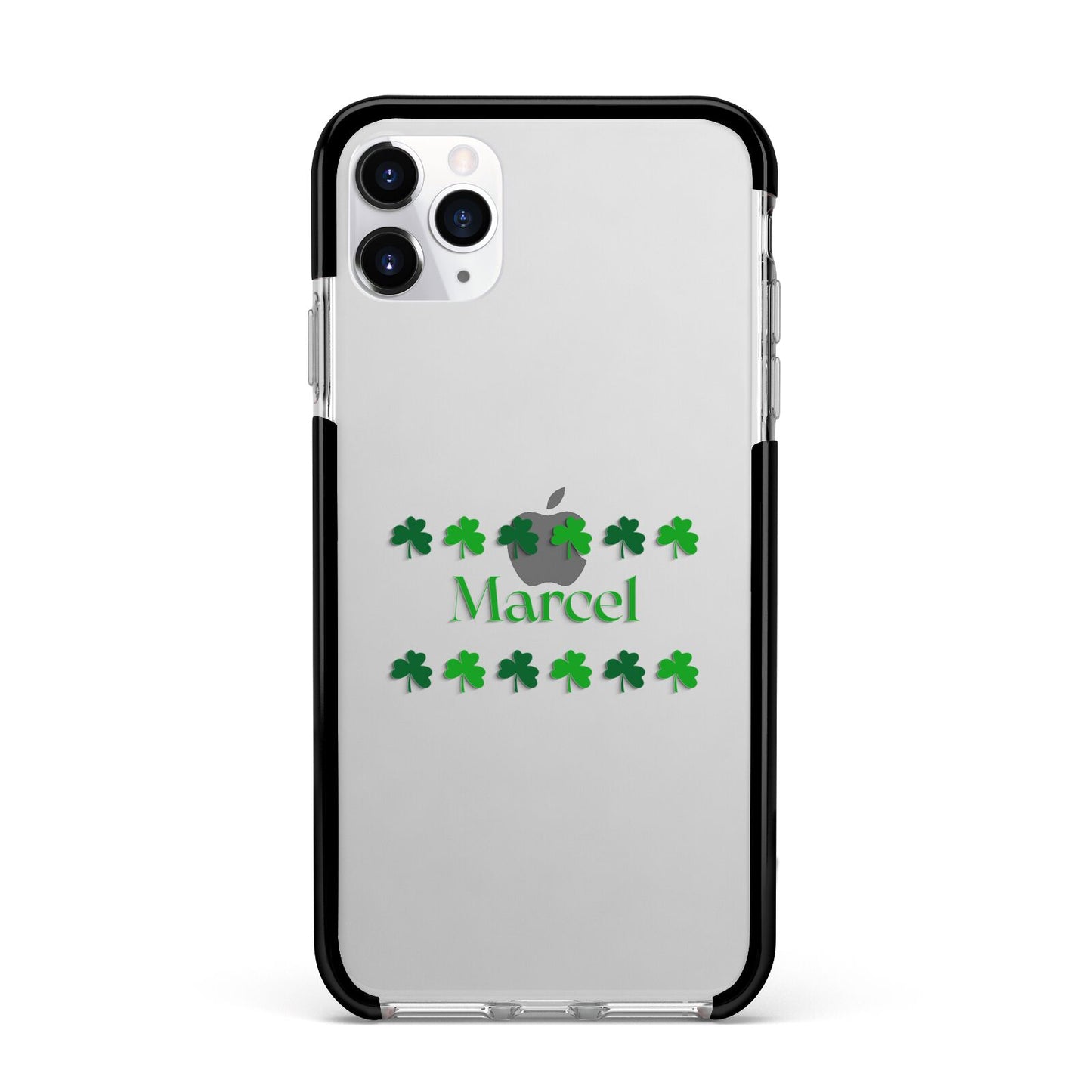 Shamrock Personalised Name Apple iPhone 11 Pro Max in Silver with Black Impact Case