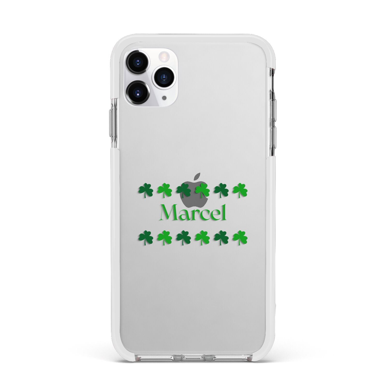 Shamrock Personalised Name Apple iPhone 11 Pro Max in Silver with White Impact Case