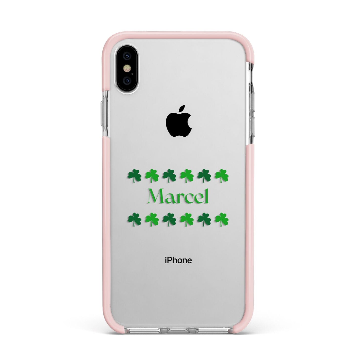 Shamrock Personalised Name Apple iPhone Xs Max Impact Case Pink Edge on Silver Phone