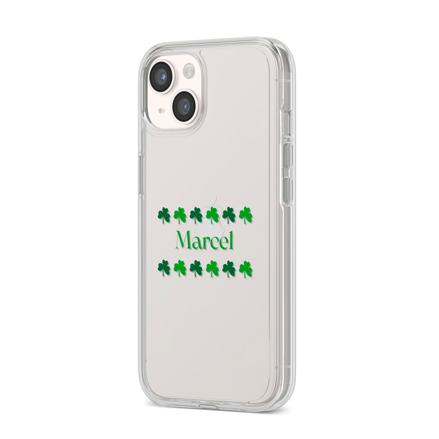 Shamrock Personalised Name iPhone 14 Clear Tough Case Starlight Angled Image