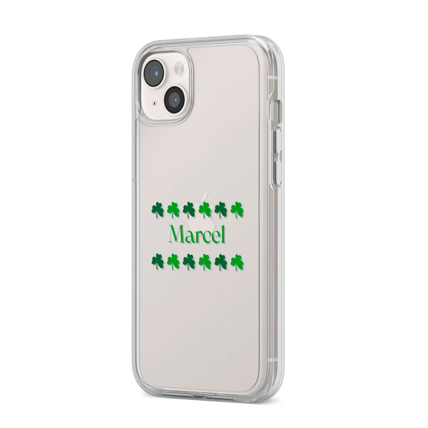 Shamrock Personalised Name iPhone 14 Plus Clear Tough Case Starlight Angled Image