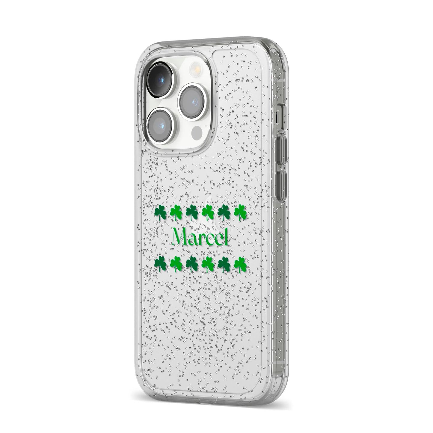 Shamrock Personalised Name iPhone 14 Pro Glitter Tough Case Silver Angled Image