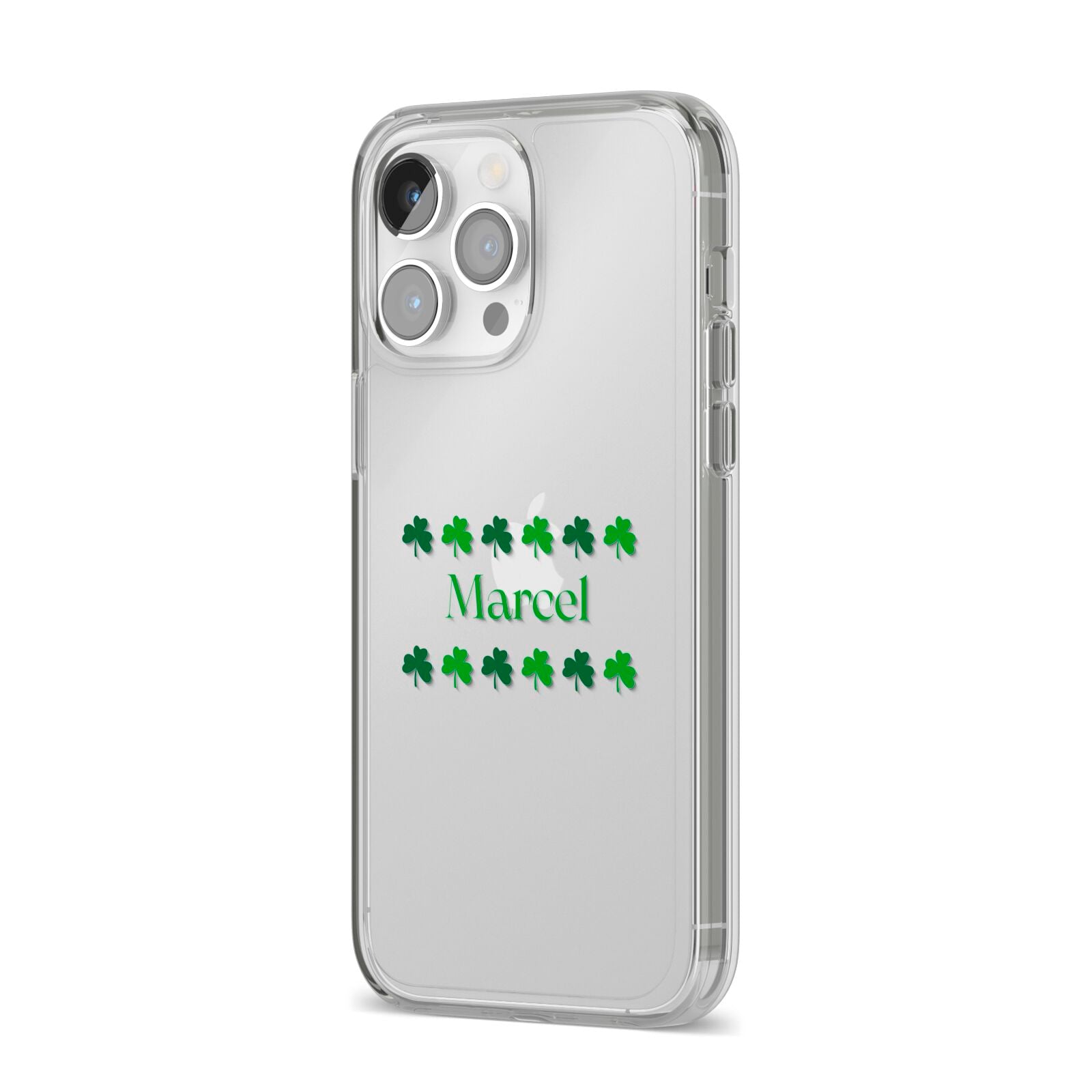 Shamrock Personalised Name iPhone 14 Pro Max Clear Tough Case Silver Angled Image