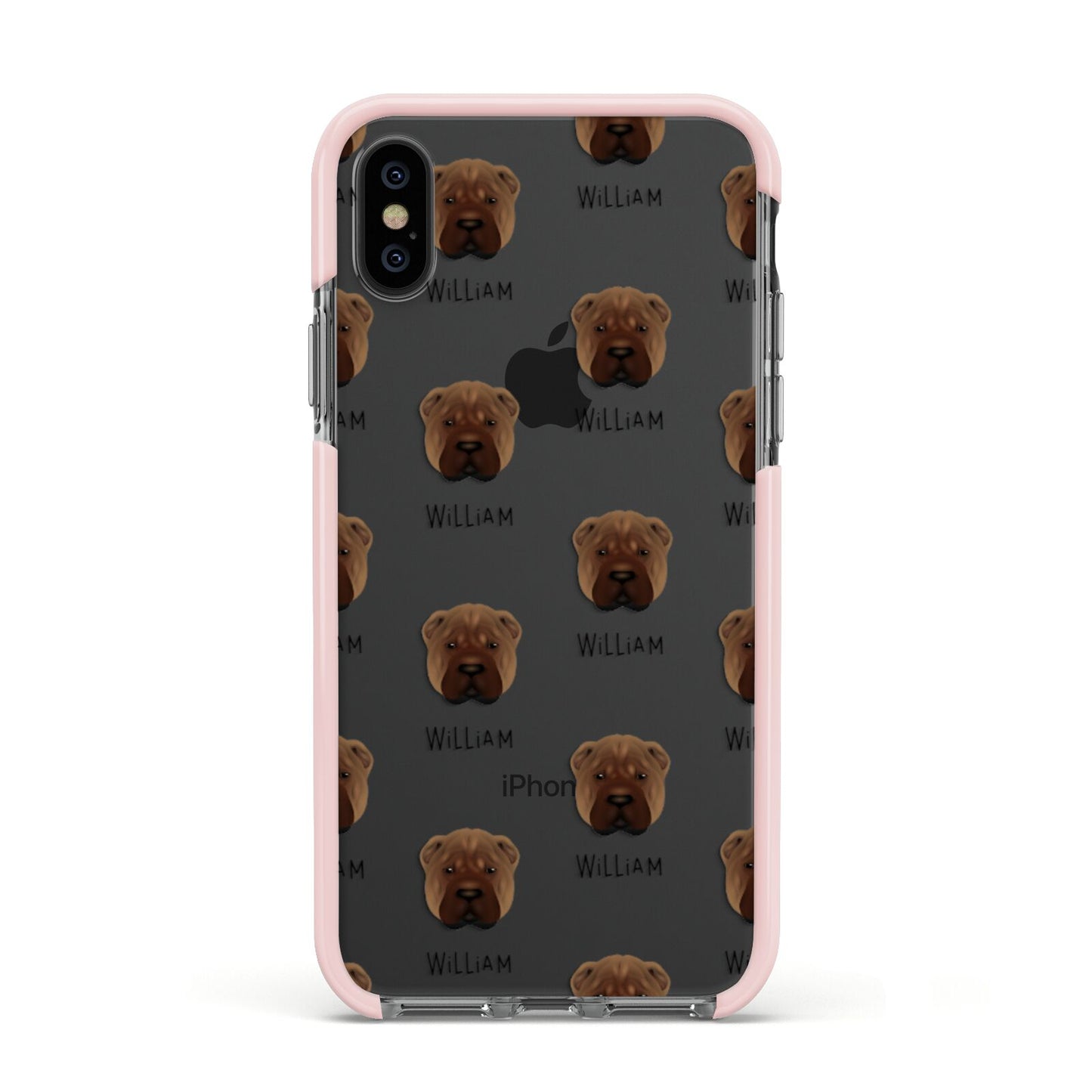 Shar Pei Icon with Name Apple iPhone Xs Impact Case Pink Edge on Black Phone