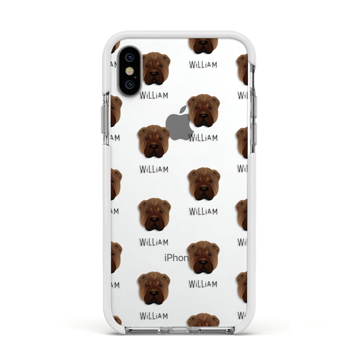 Shar Pei Icon with Name Apple iPhone Xs Impact Case White Edge on Silver Phone