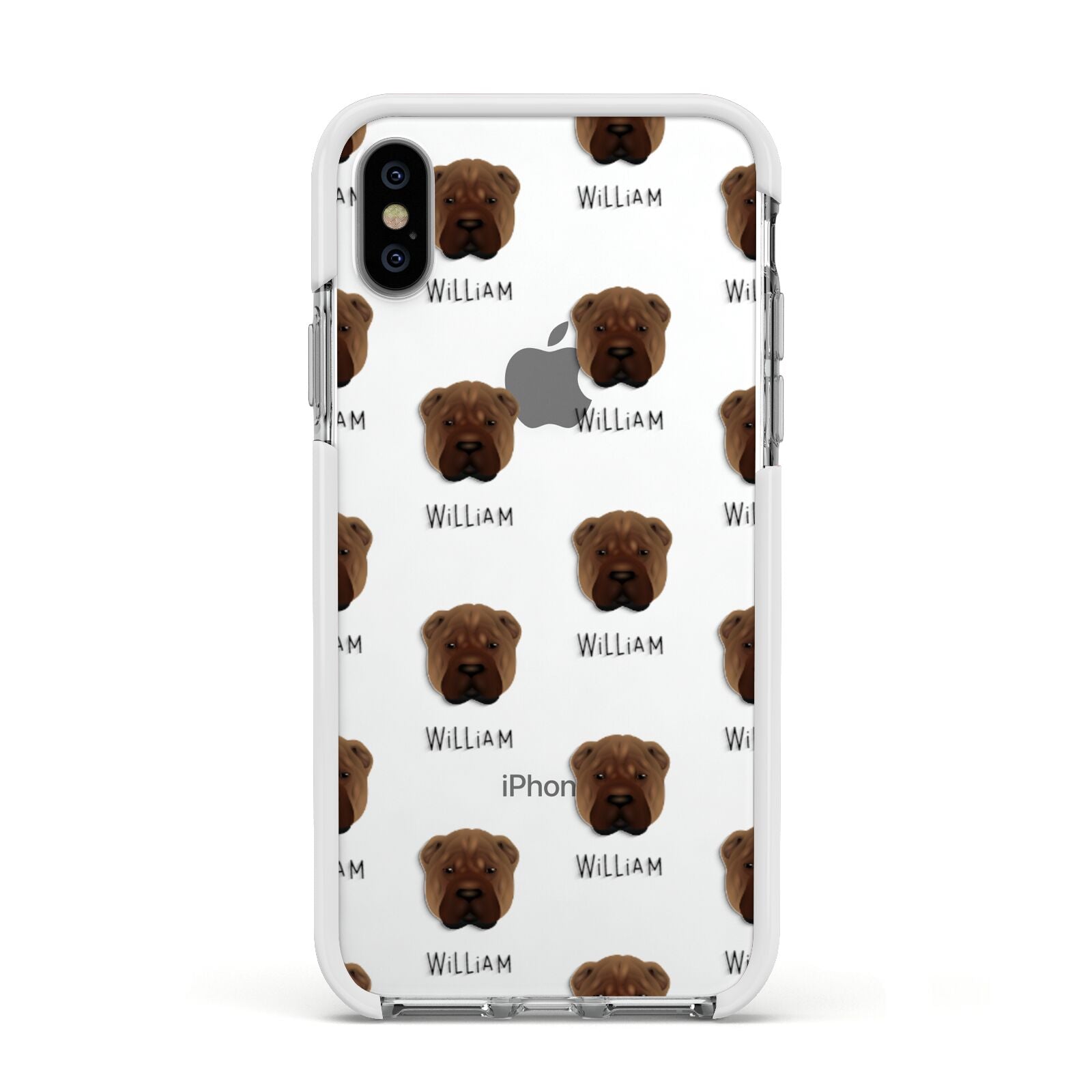 Shar Pei Icon with Name Apple iPhone Xs Impact Case White Edge on Silver Phone