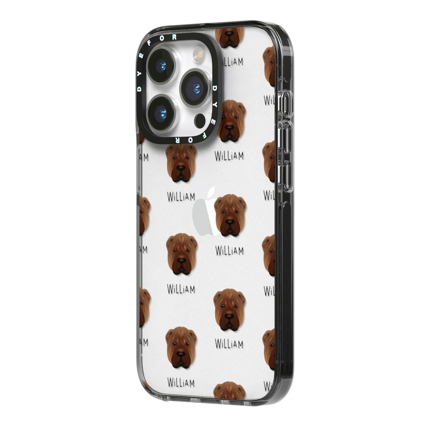 Shar Pei Icon with Name iPhone 14 Pro Black Impact Case Side Angle on Silver phone