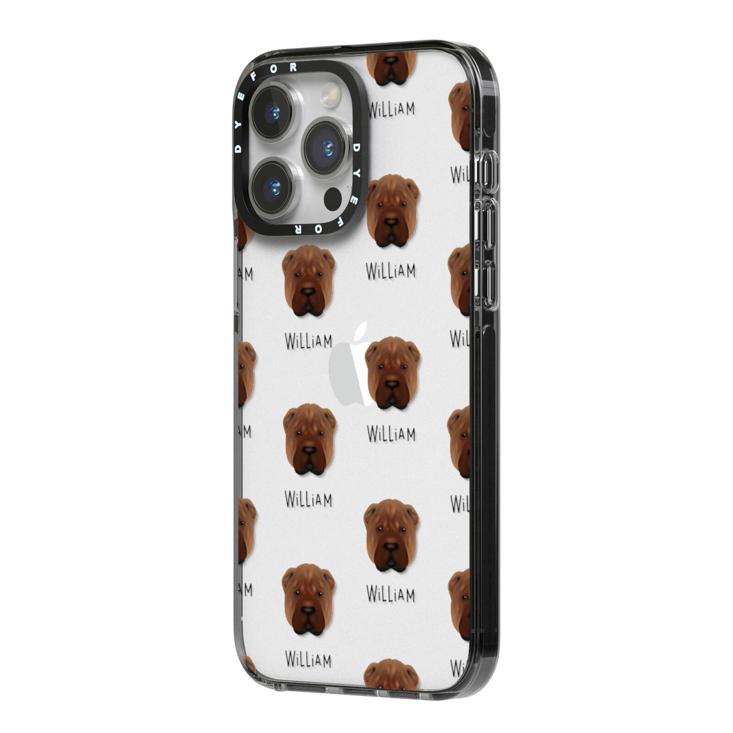 Shar Pei Icon with Name iPhone 14 Pro Max Black Impact Case Side Angle on Silver phone