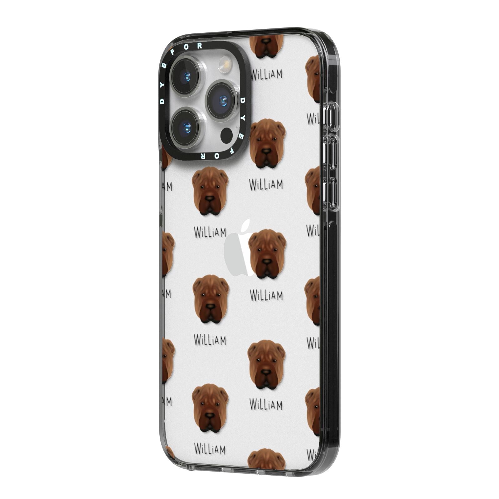 Shar Pei Icon with Name iPhone 14 Pro Max Black Impact Case Side Angle on Silver phone