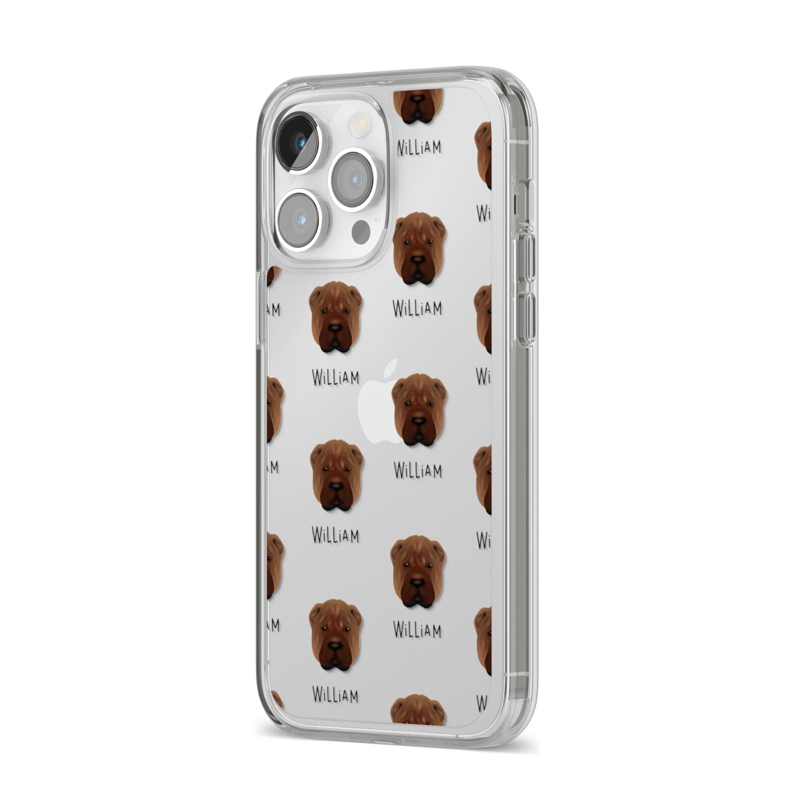 Shar Pei Icon with Name iPhone 14 Pro Max Clear Tough Case Silver Angled Image
