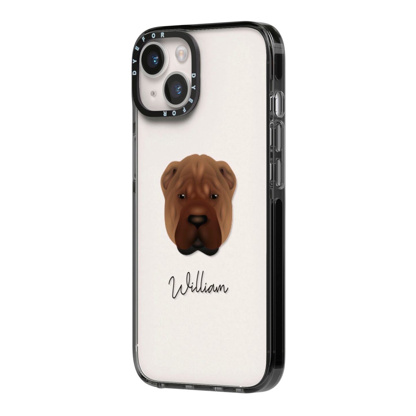Shar Pei Personalised iPhone 14 Black Impact Case Side Angle on Silver phone