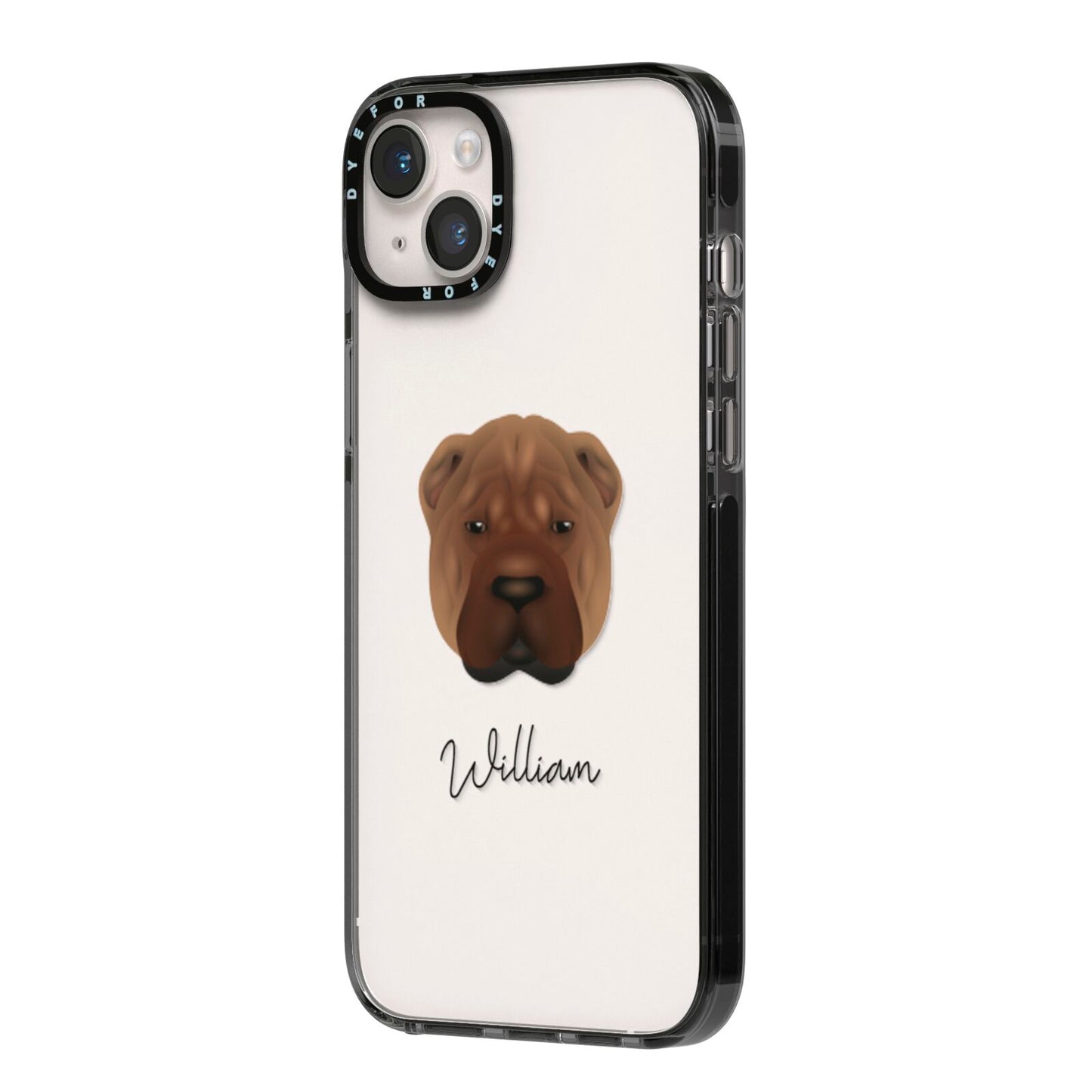 Shar Pei Personalised iPhone 14 Plus Black Impact Case Side Angle on Silver phone