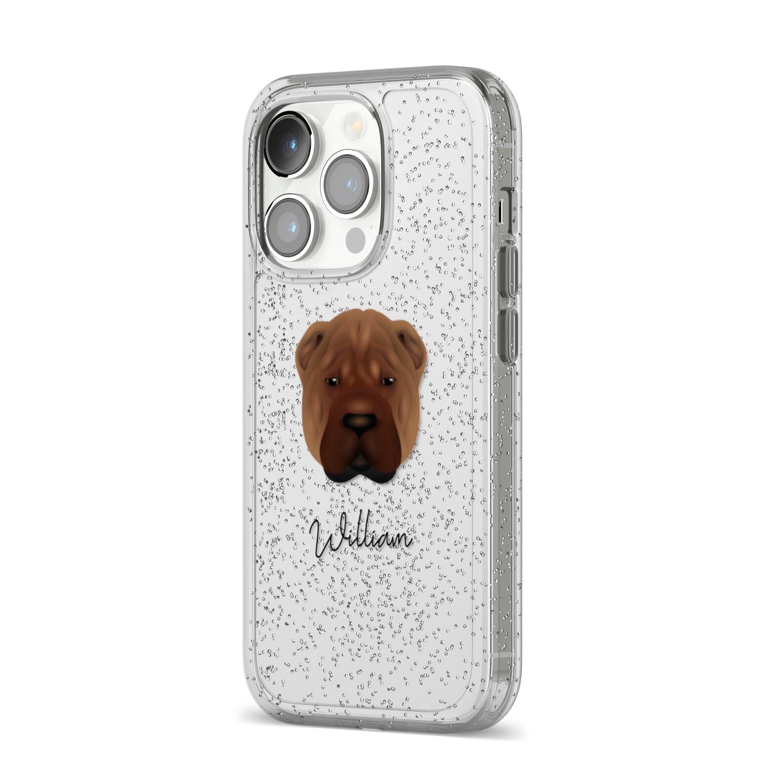 Shar Pei Personalised iPhone 14 Pro Glitter Tough Case Silver Angled Image