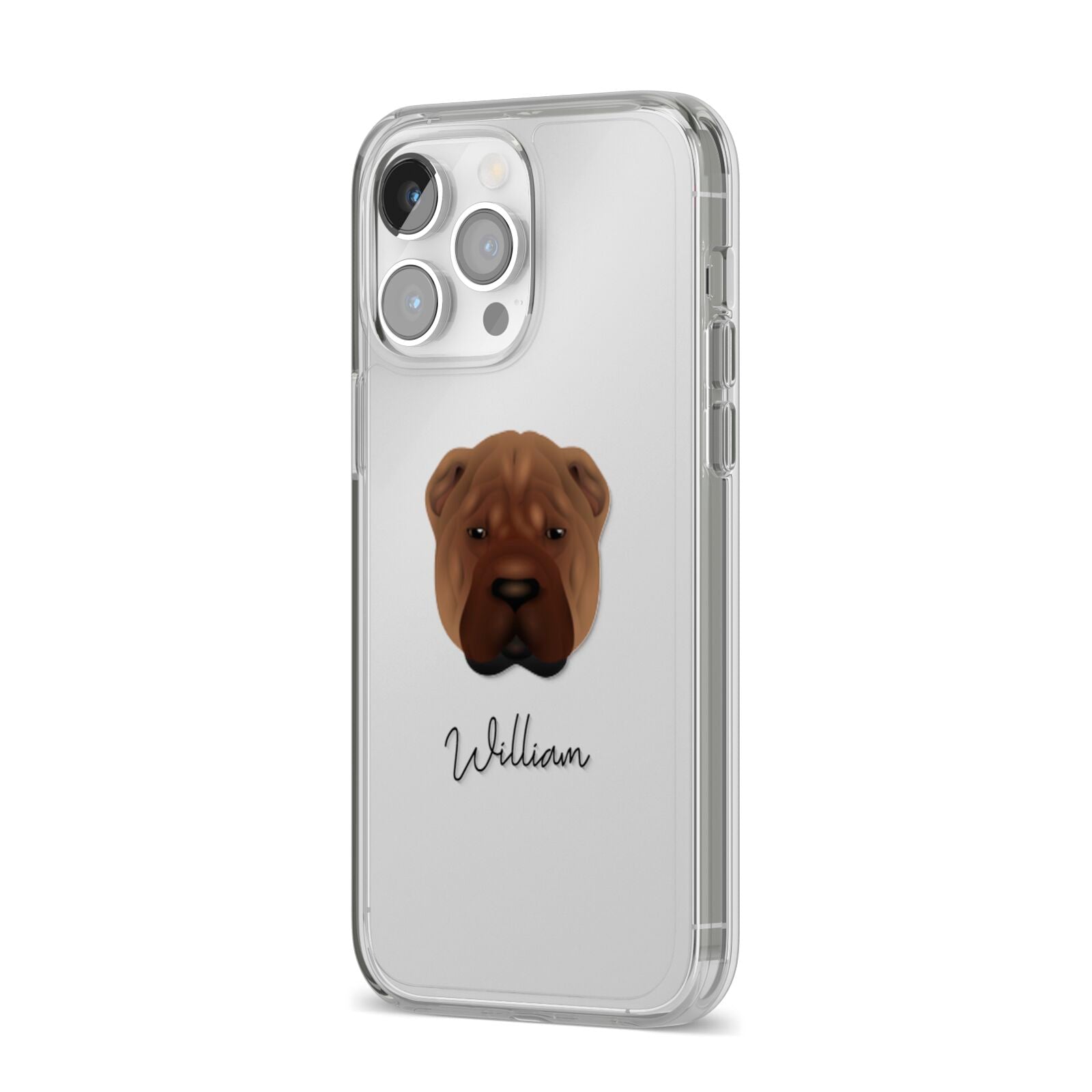 Shar Pei Personalised iPhone 14 Pro Max Clear Tough Case Silver Angled Image