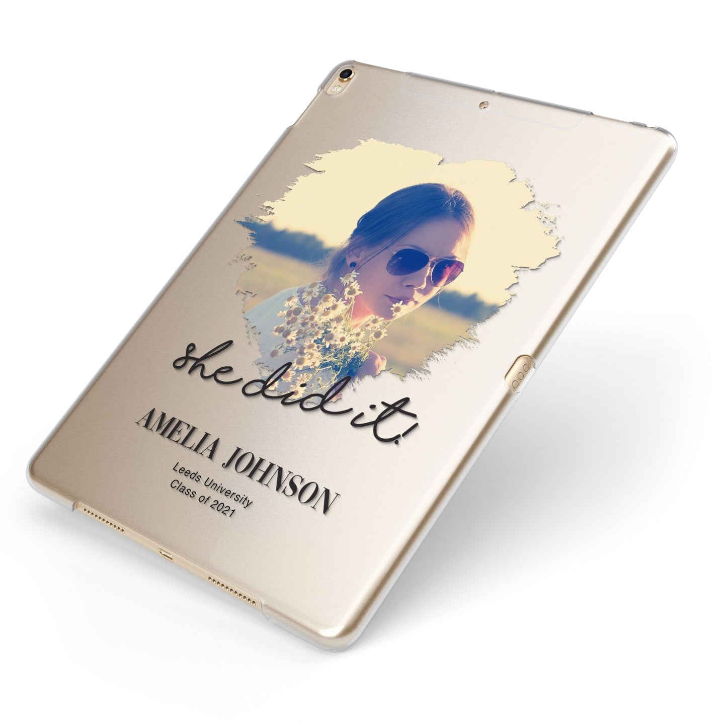 She Did It Graduation Photo with Name Apple iPad Case on Gold iPad Side View