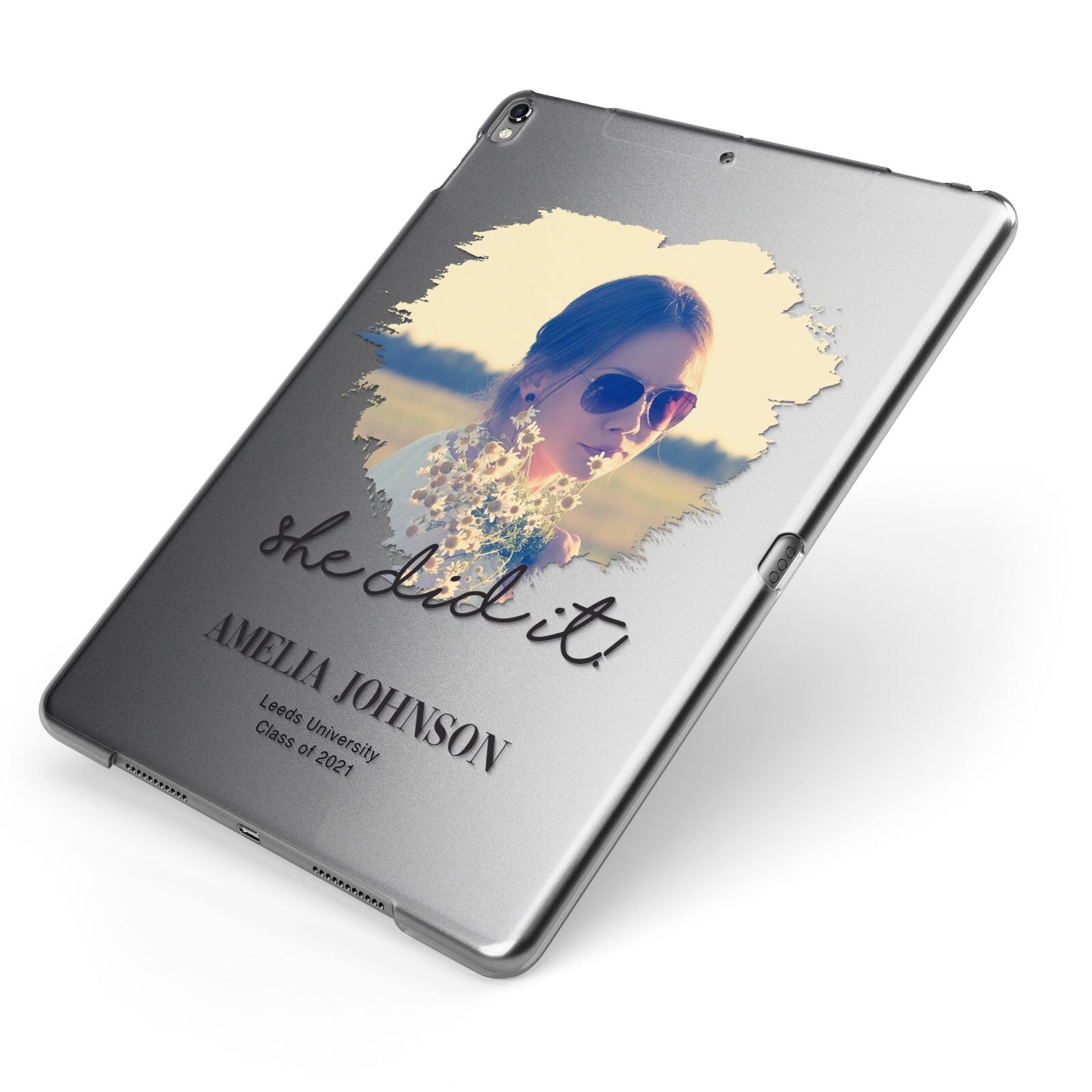 She Did It Graduation Photo with Name Apple iPad Case on Grey iPad Side View