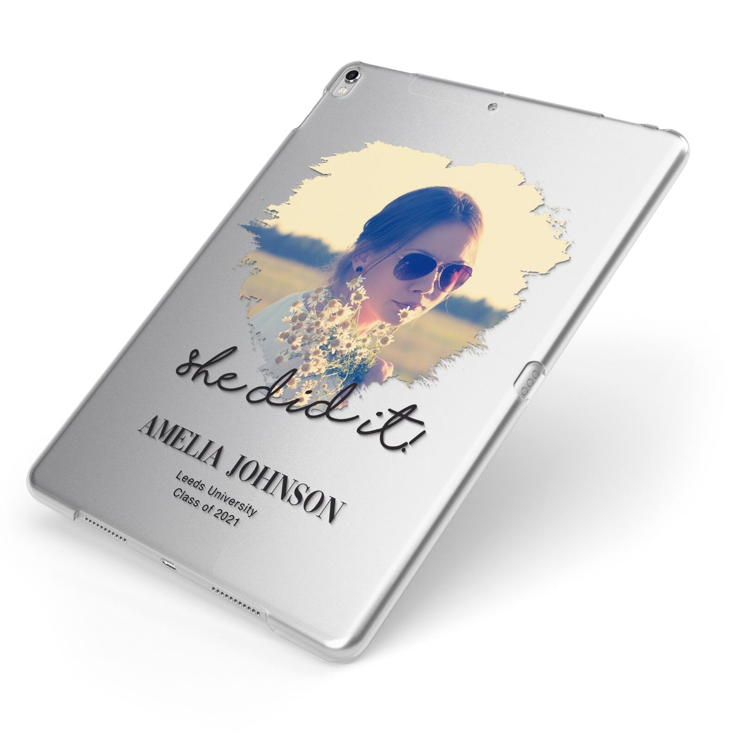 She Did It Graduation Photo with Name Apple iPad Case on Silver iPad Side View