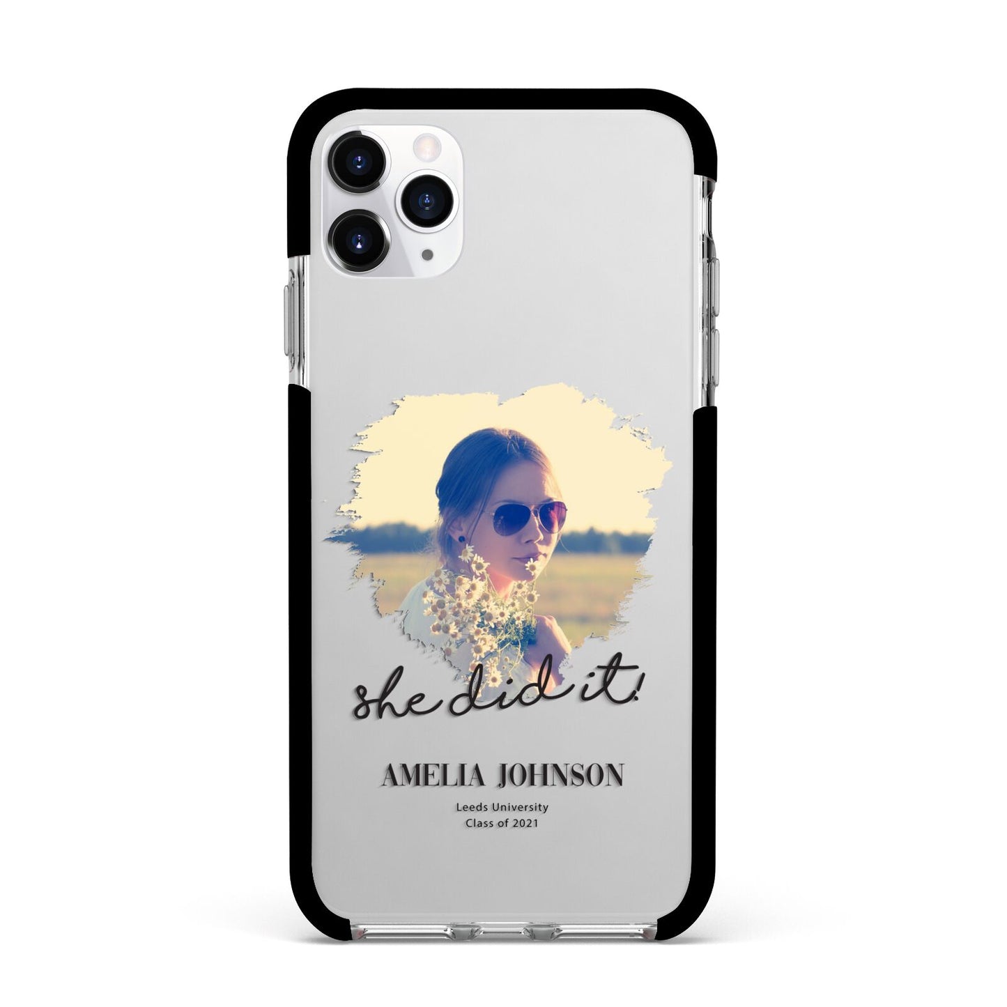 She Did It Graduation Photo with Name Apple iPhone 11 Pro Max in Silver with Black Impact Case