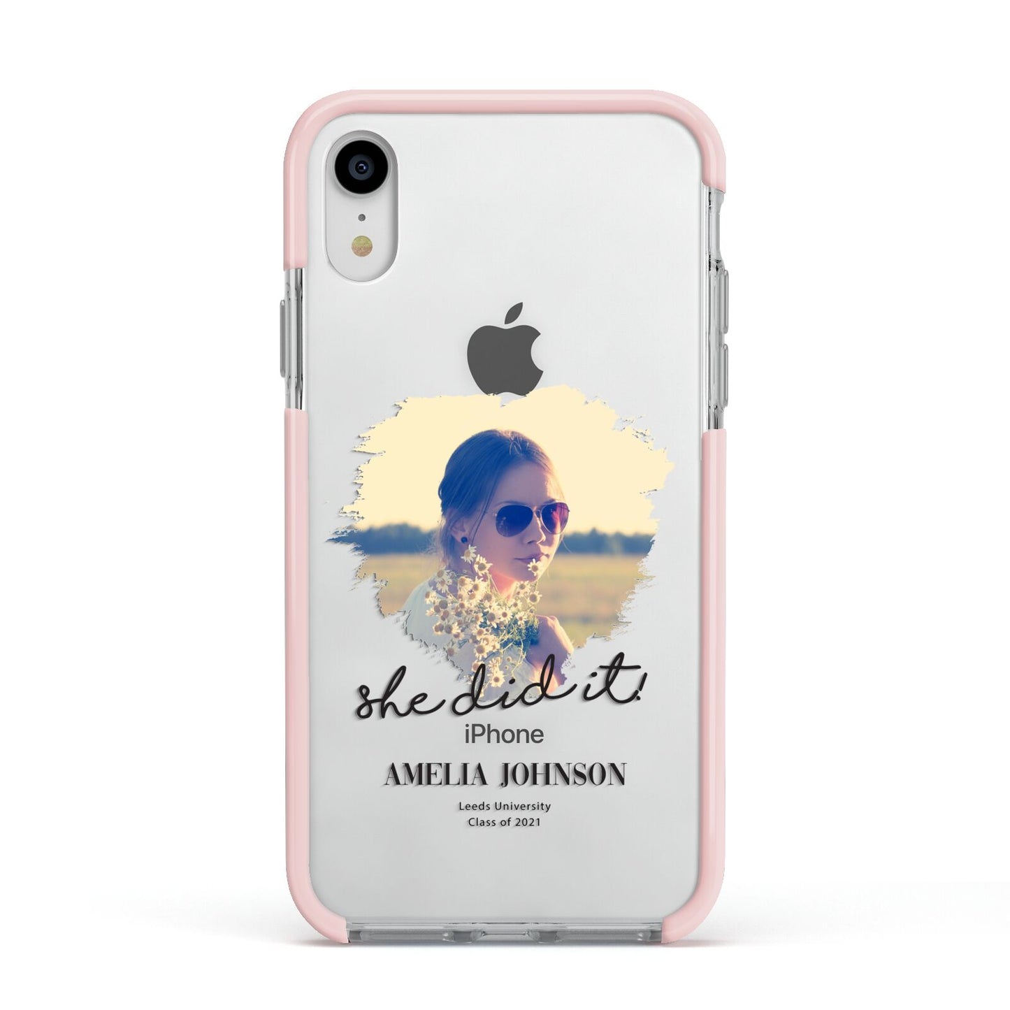 She Did It Graduation Photo with Name Apple iPhone XR Impact Case Pink Edge on Silver Phone