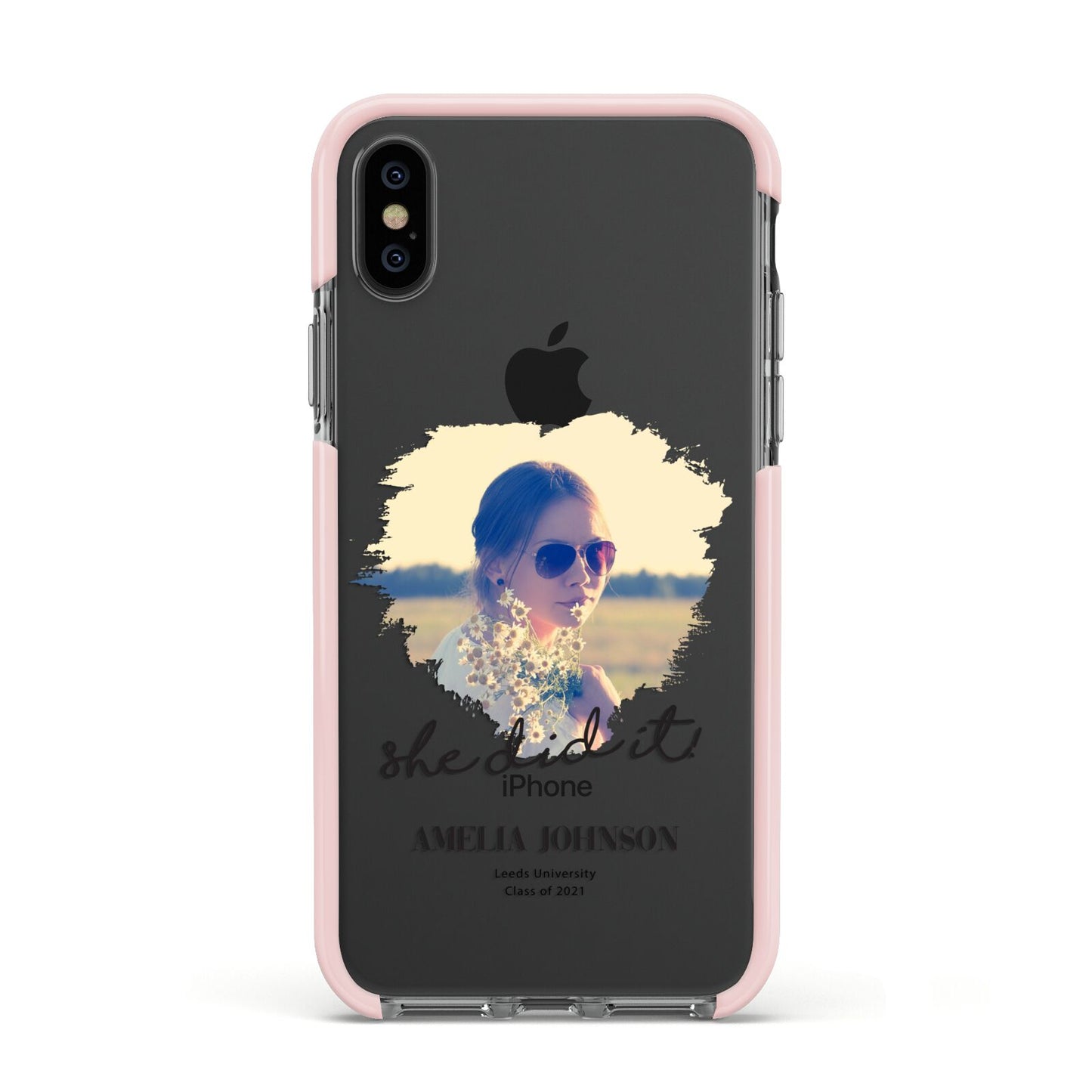 She Did It Graduation Photo with Name Apple iPhone Xs Impact Case Pink Edge on Black Phone