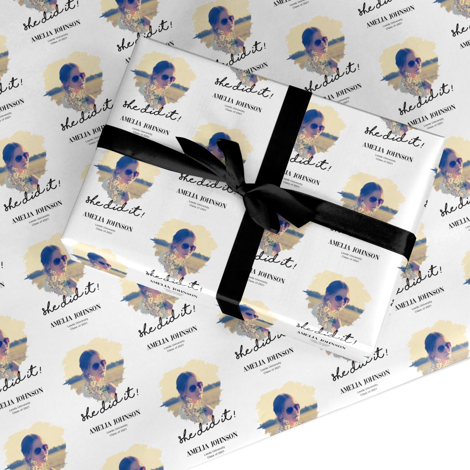 She Did It Graduation Photo with Name Custom Wrapping Paper