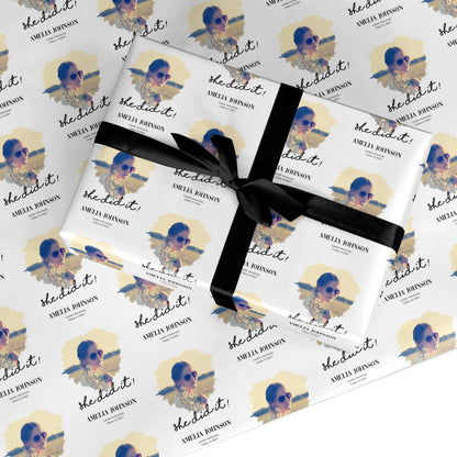 She Did It Graduation Photo with Name Custom Wrapping Paper