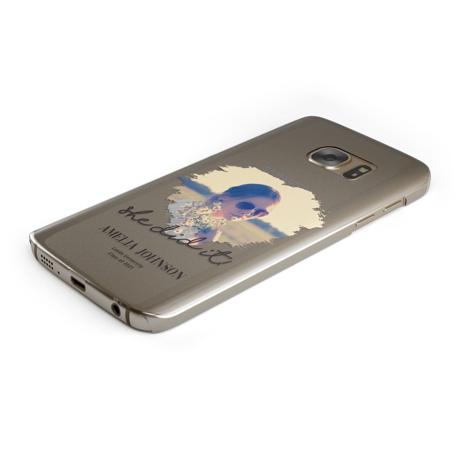 She Did It Graduation Photo with Name Protective Samsung Galaxy Case Angled Image
