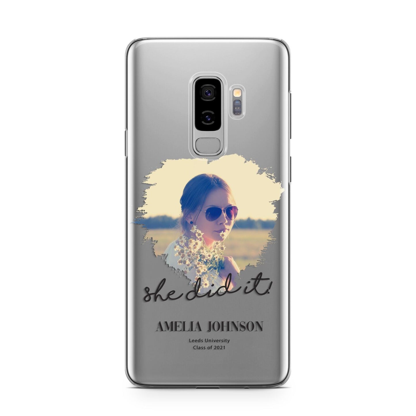 She Did It Graduation Photo with Name Samsung Galaxy S9 Plus Case on Silver phone