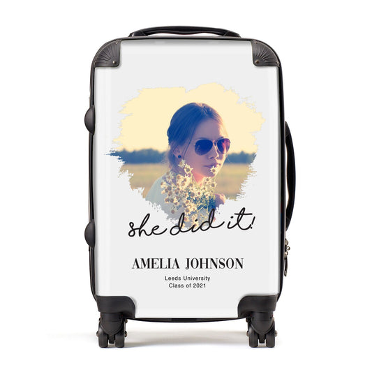 She Did It Graduation Photo with Name Suitcase