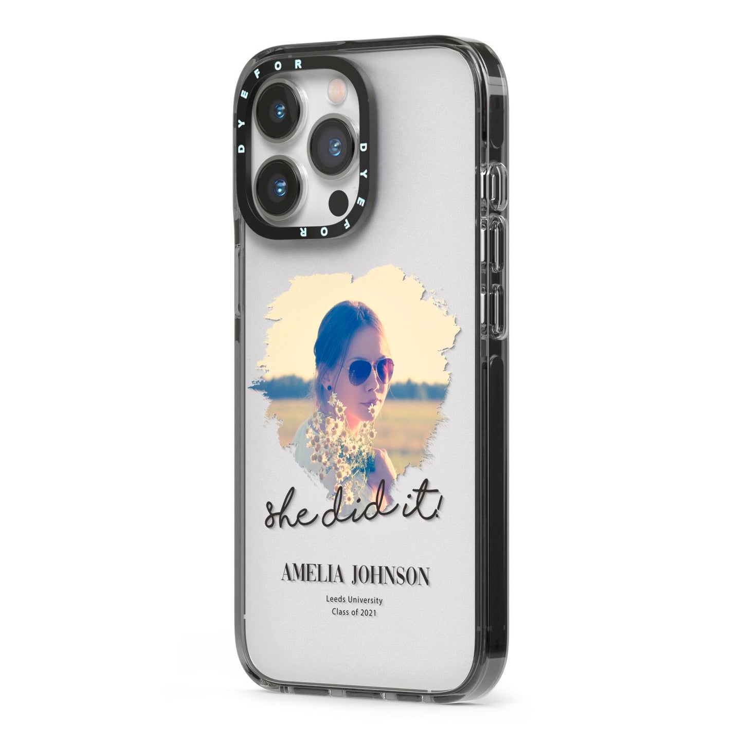She Did It Graduation Photo with Name iPhone 13 Pro Black Impact Case Side Angle on Silver phone