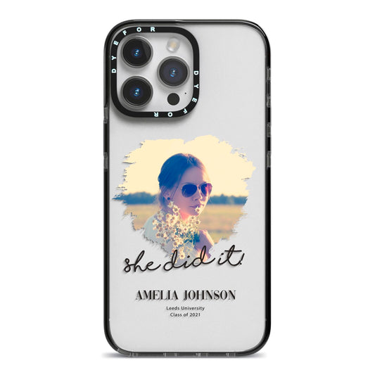 She Did It Graduation Photo with Name iPhone 14 Pro Max Black Impact Case on Silver phone
