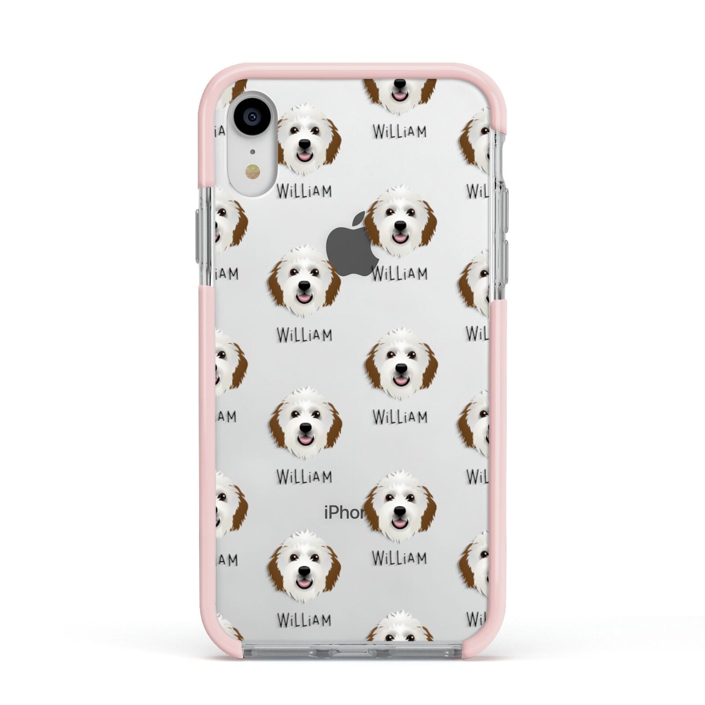 Sheepadoodle Icon with Name Apple iPhone XR Impact Case Pink Edge on Silver Phone