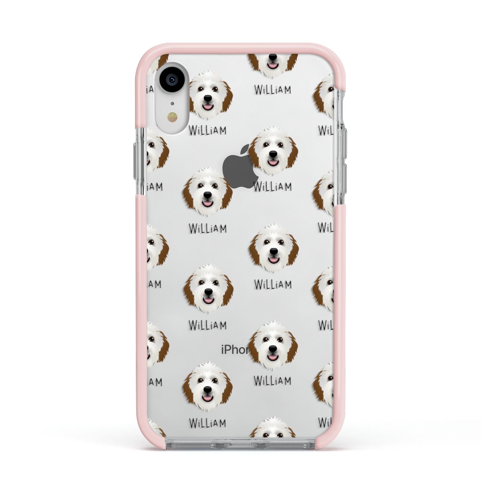 Sheepadoodle Icon with Name Apple iPhone XR Impact Case Pink Edge on Silver Phone