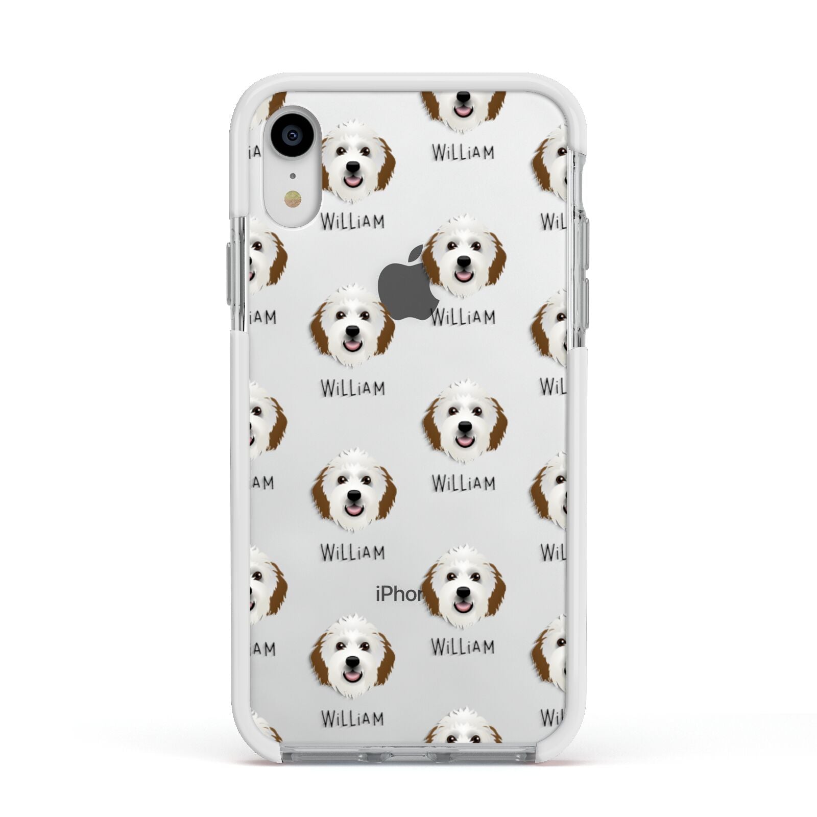Sheepadoodle Icon with Name Apple iPhone XR Impact Case White Edge on Silver Phone