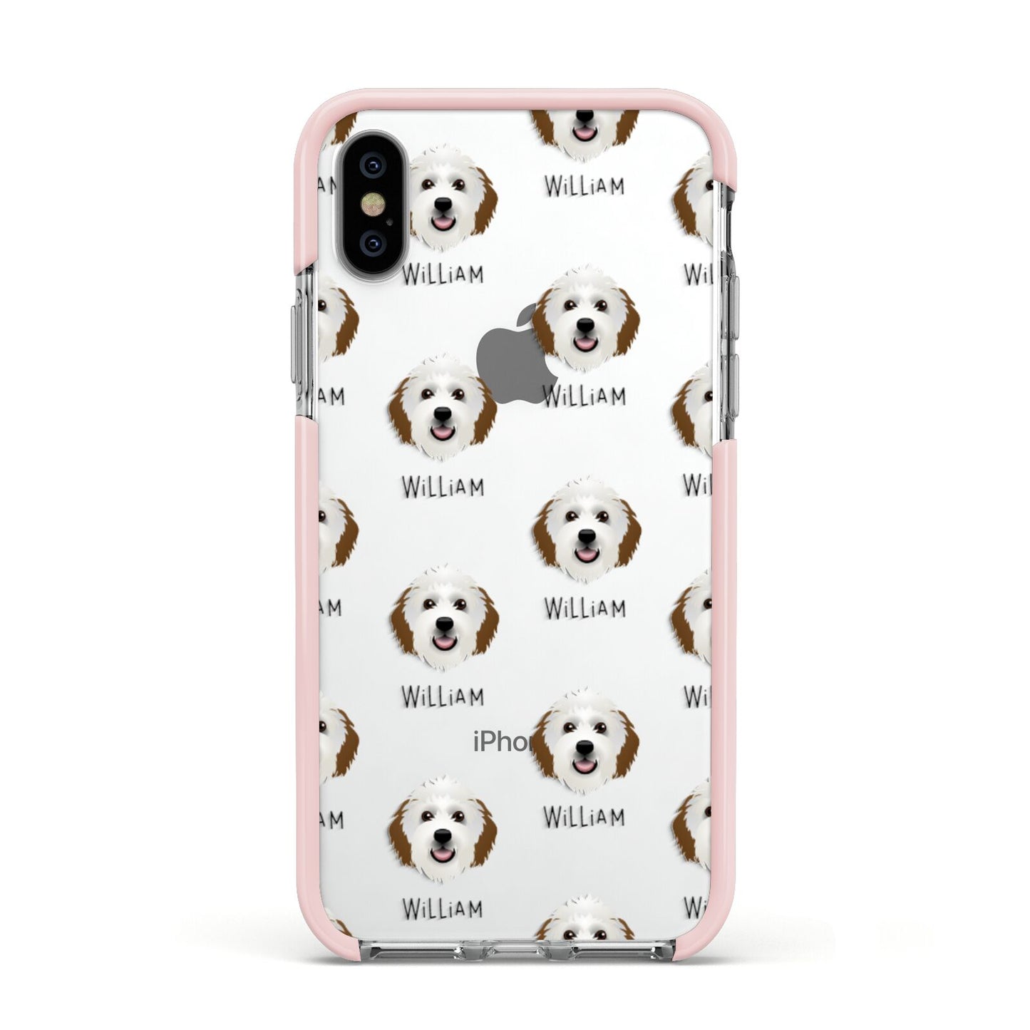 Sheepadoodle Icon with Name Apple iPhone Xs Impact Case Pink Edge on Silver Phone
