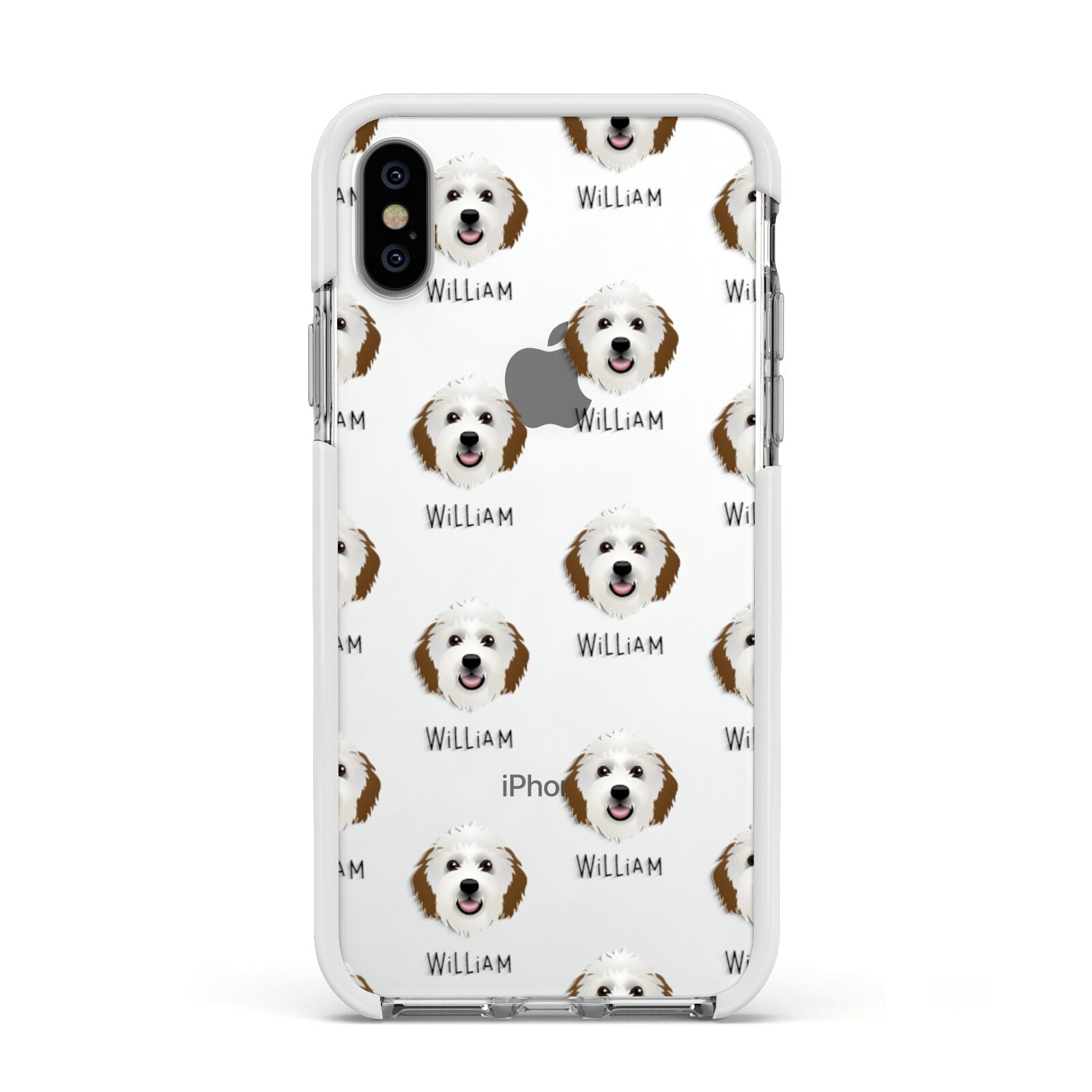 Sheepadoodle Icon with Name Apple iPhone Xs Impact Case White Edge on Silver Phone