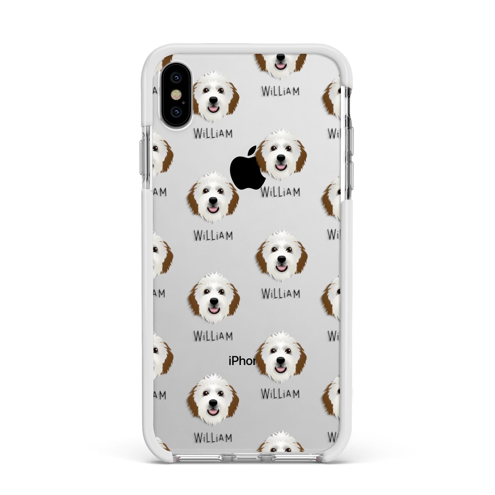 Sheepadoodle Icon with Name Apple iPhone Xs Max Impact Case White Edge on Silver Phone