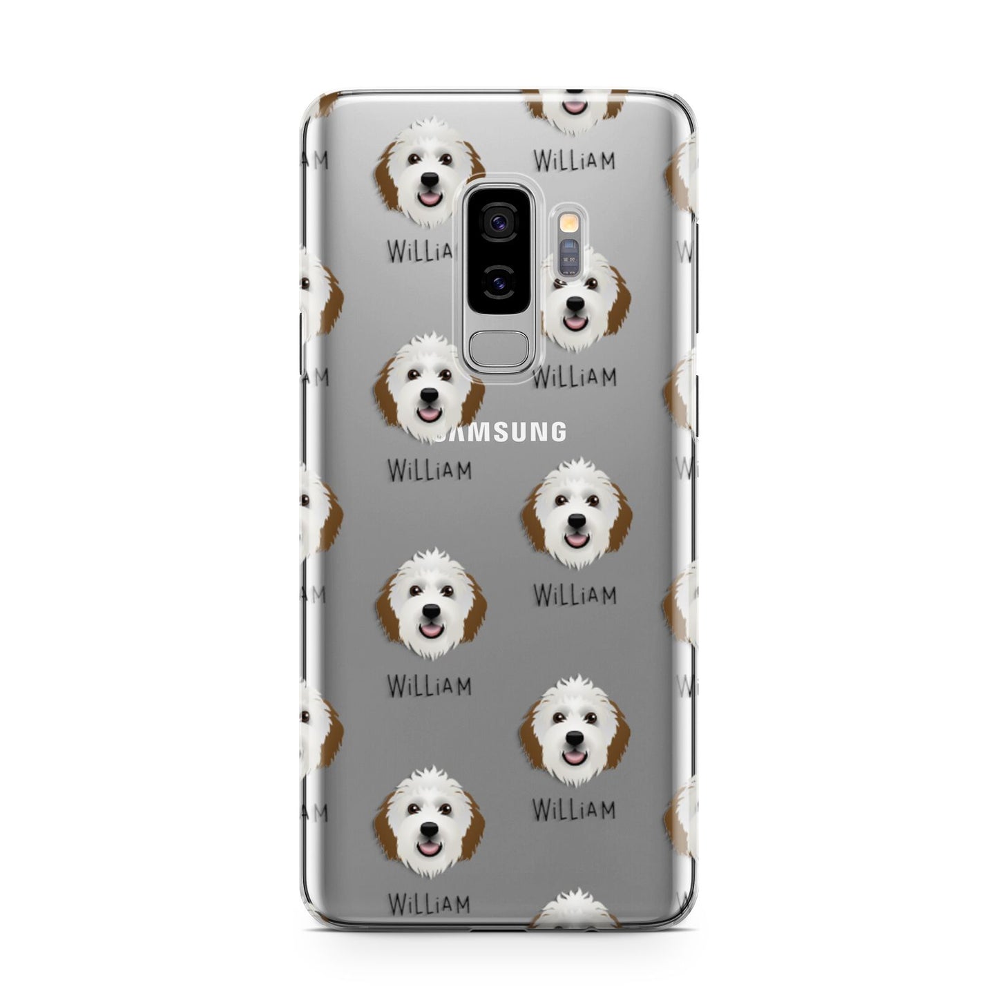 Sheepadoodle Icon with Name Samsung Galaxy S9 Plus Case on Silver phone