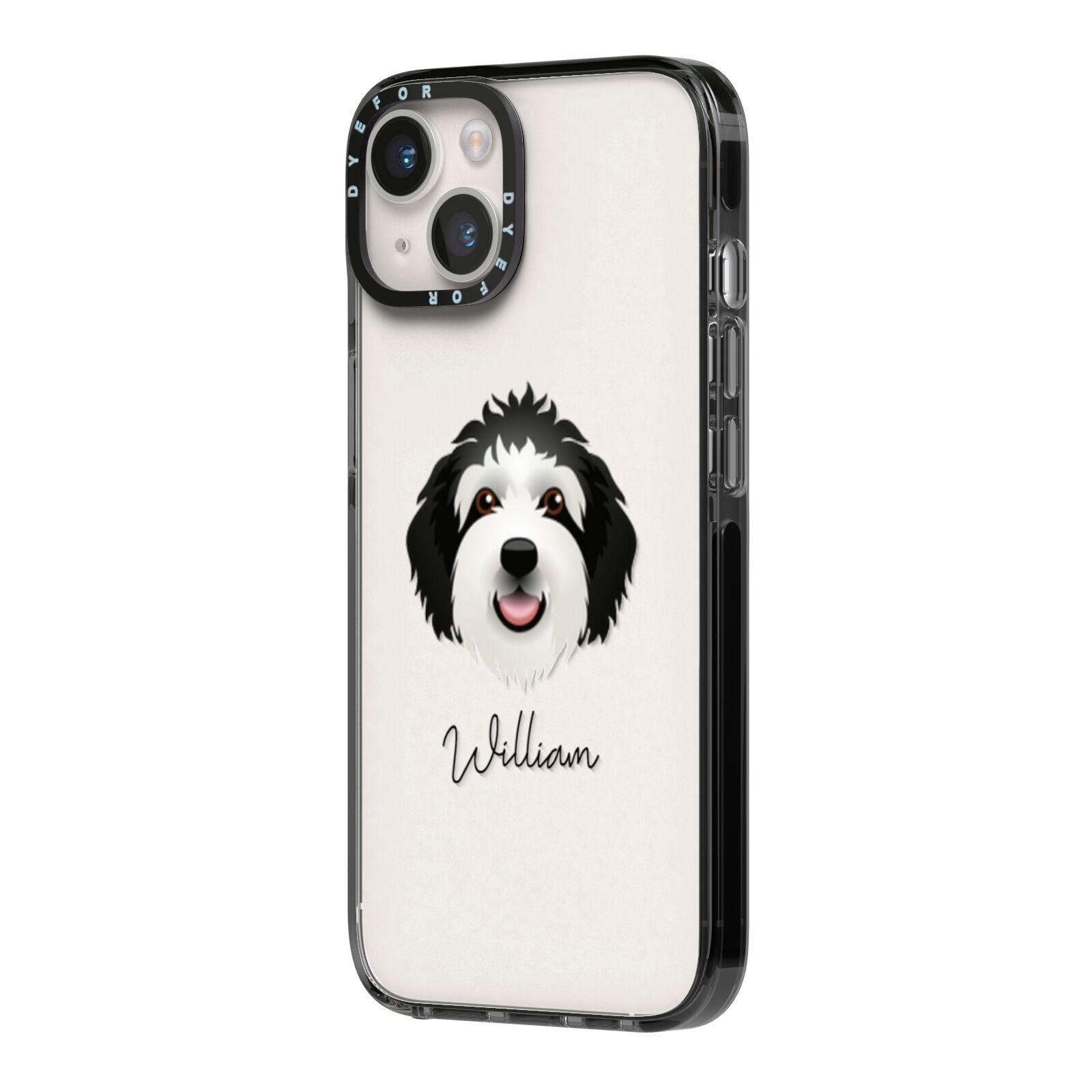 Sheepadoodle Personalised iPhone 14 Black Impact Case Side Angle on Silver phone