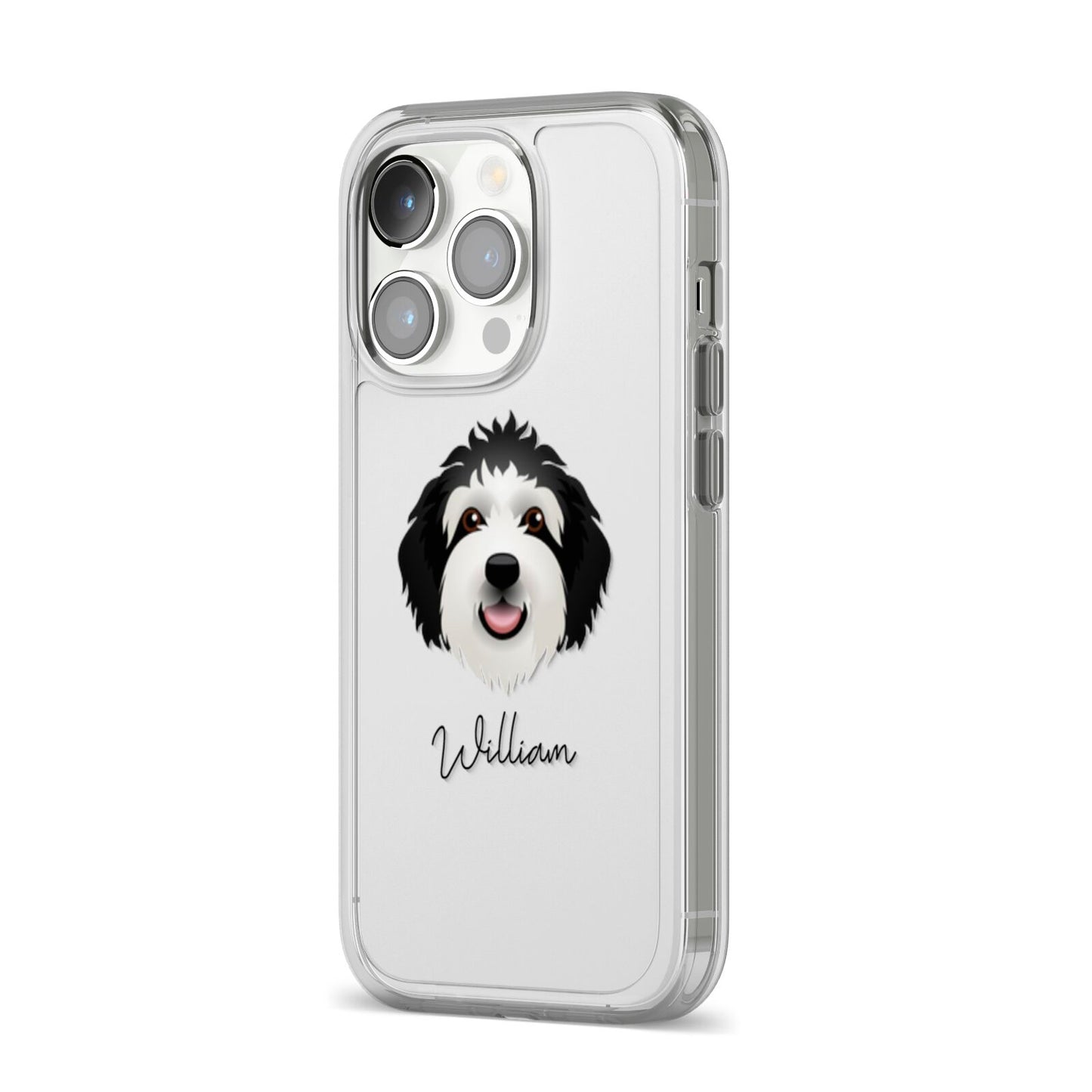 Sheepadoodle Personalised iPhone 14 Pro Clear Tough Case Silver Angled Image